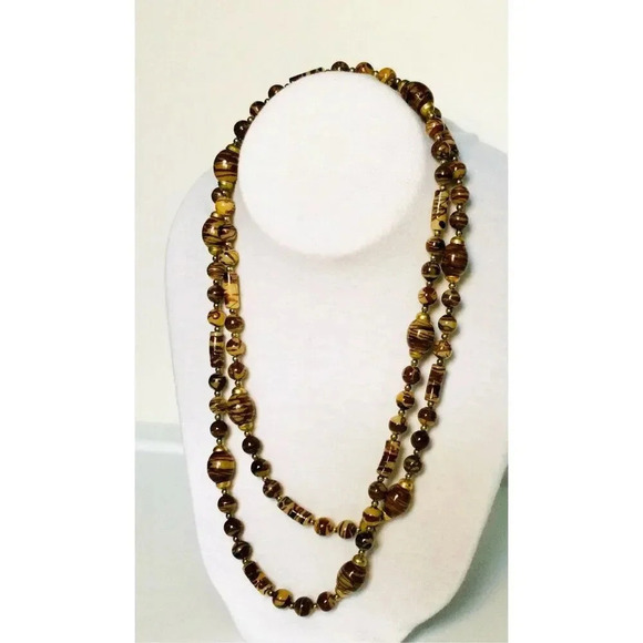 Vintage Plastic Paint Splatter Brown Tan Swirl Retro Beaded Necklace Collection - Picture 2 of 7
